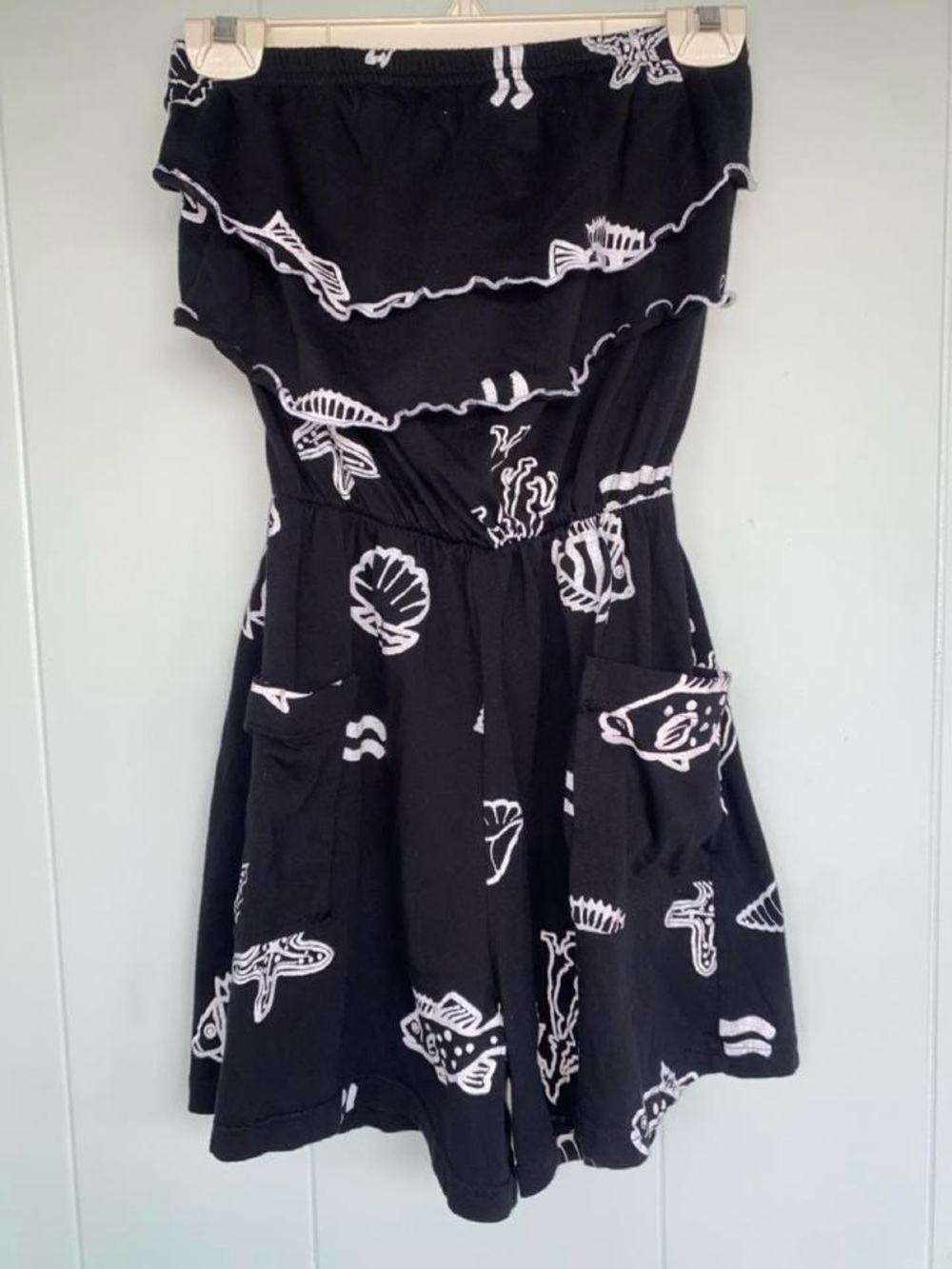 Black Strapless Romper with White Shell Print